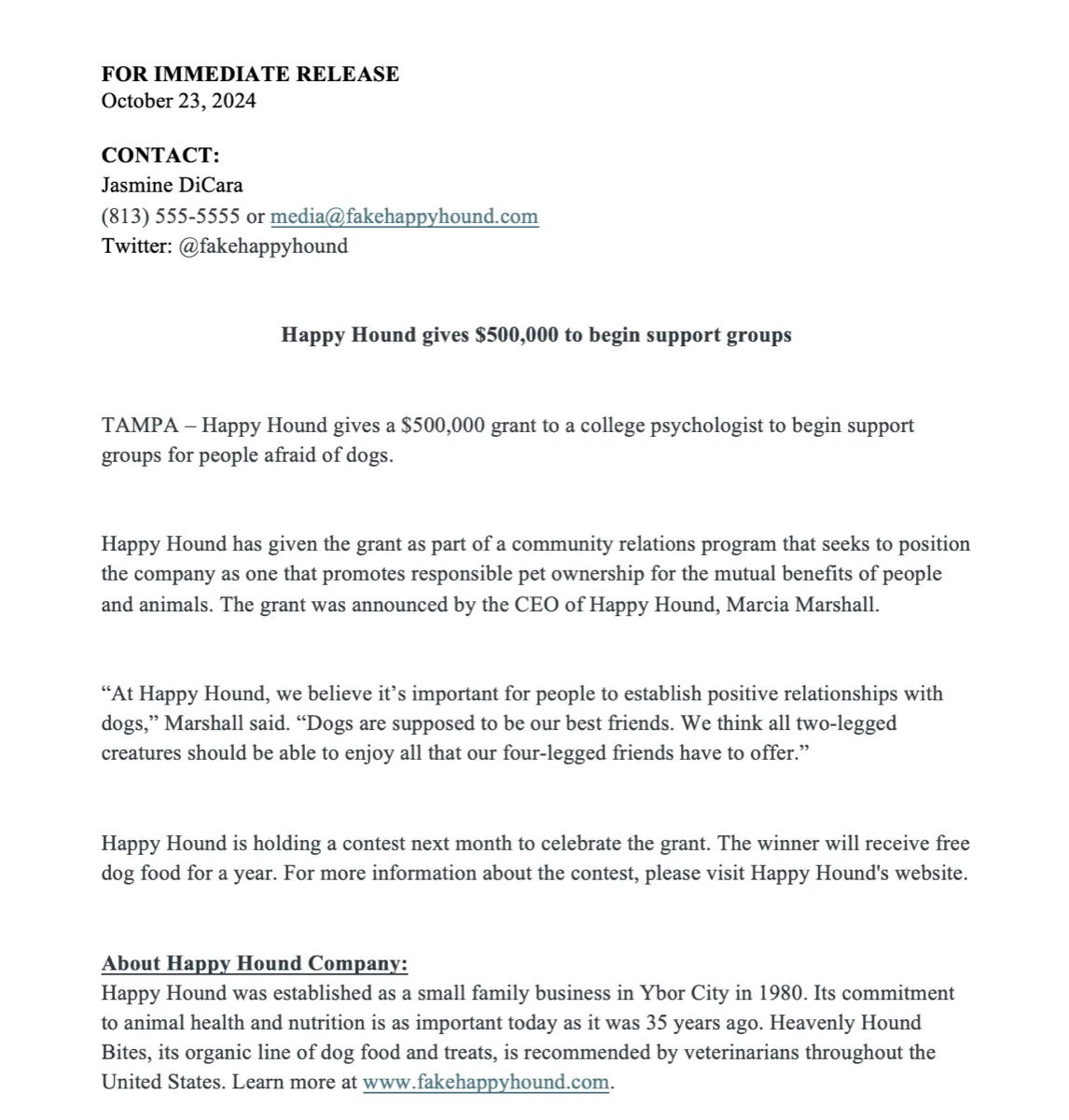 Press release sample by Jasmine DiCara